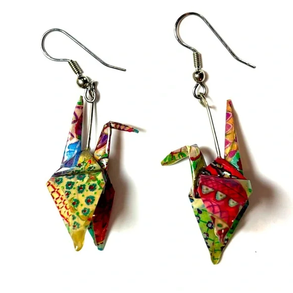 Origami Crane Bird Colorful Earrings- Boho Jeweled Dangling - Picture 1 of 5